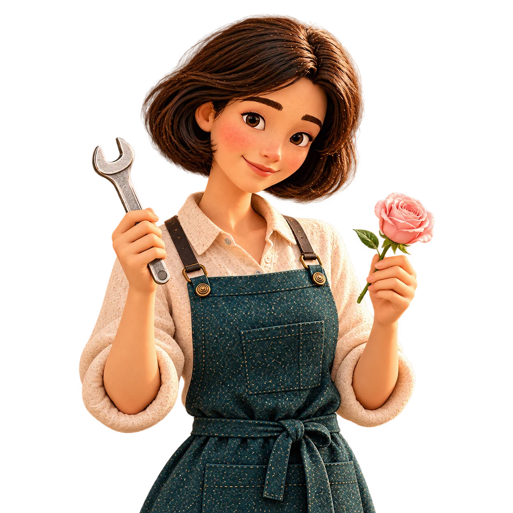 Our florist holds a wrench and a rose while preparing the new collection